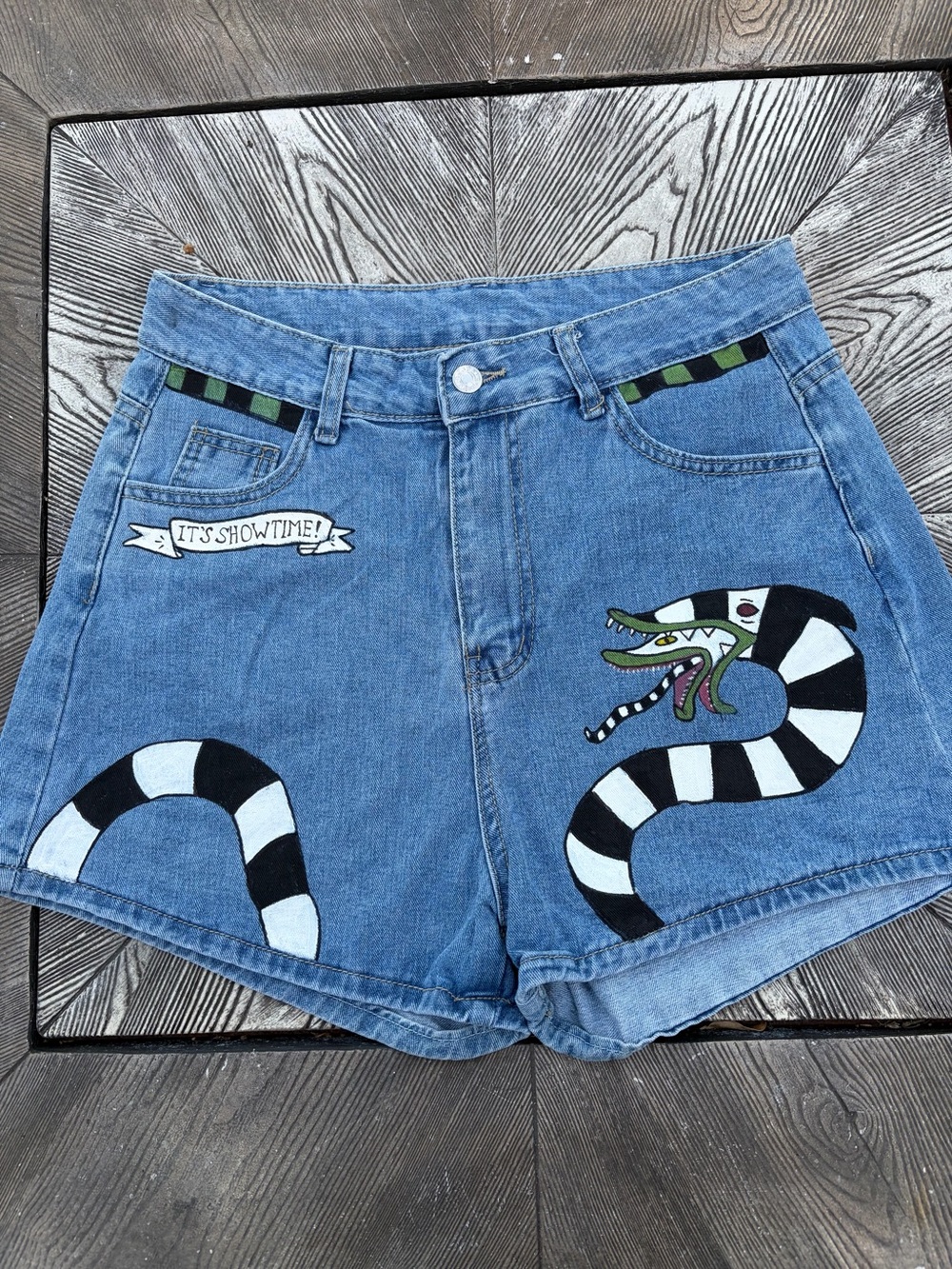 Hand-Painted Beetlejuice inspired Blue Denim Shorts size large